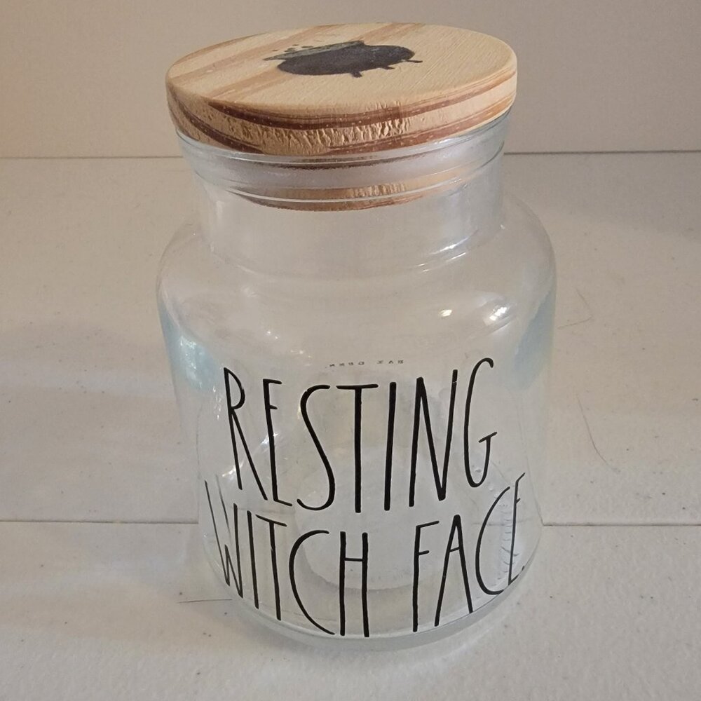 Rae Dunn Resting Witch Face Halloween Glass Canister Apothecary Jar Wood Lid